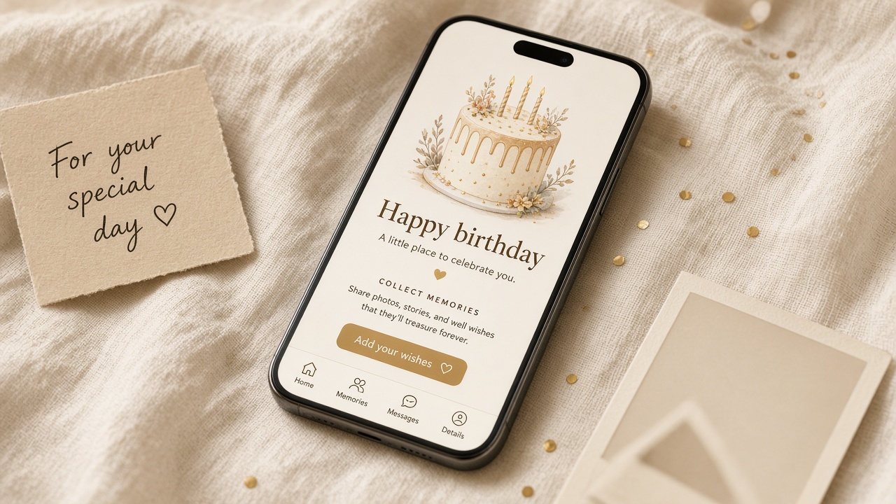 A personal birthday website preview on a phone next to a letter and photos