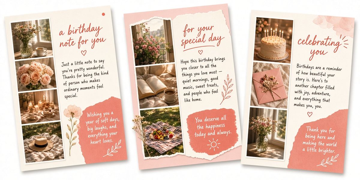 Three birthday page designs laid side by side