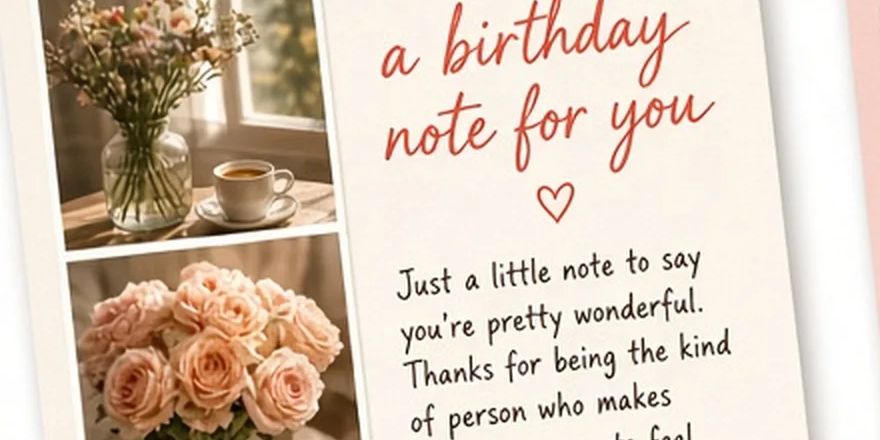 A birthday note card next to a photo of roses