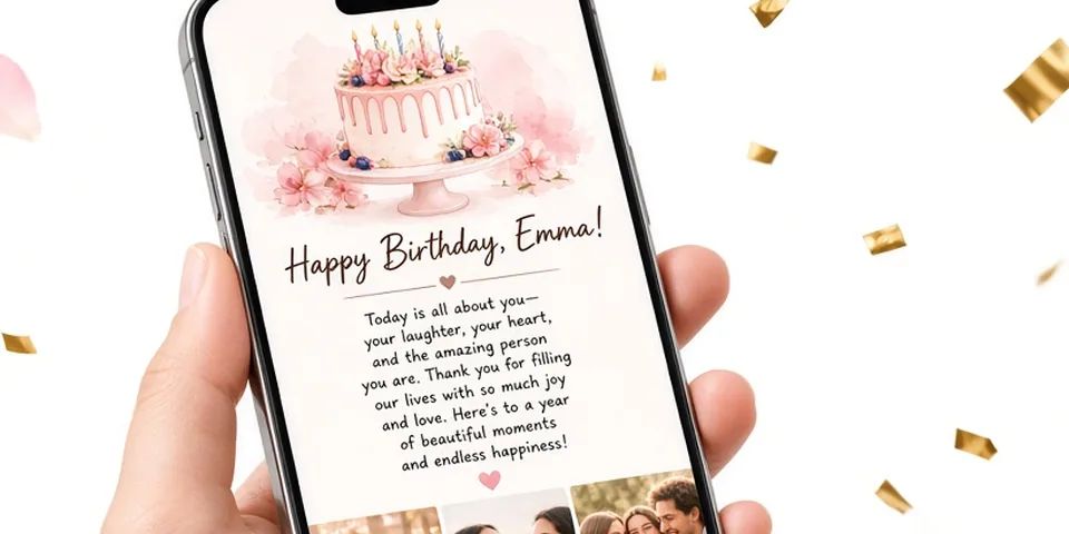 A birthday page open on a phone, surrounded by confetti