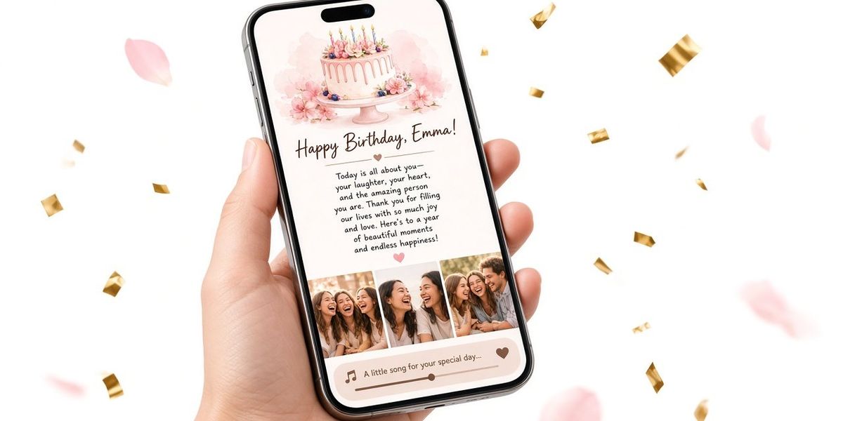 A hand holding a phone showing a birthday page with a letter and photos